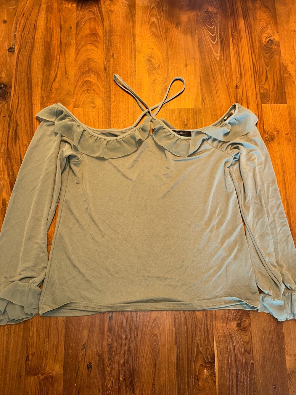 White House Black Market Women’s Off-Shoulder Ruffle Green Long-Sleeve Blouse.